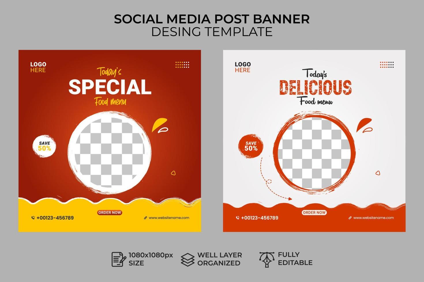 modelo de banner de postagem de mídia social de menu de comida, banner quadrado de venda e desconto vetor