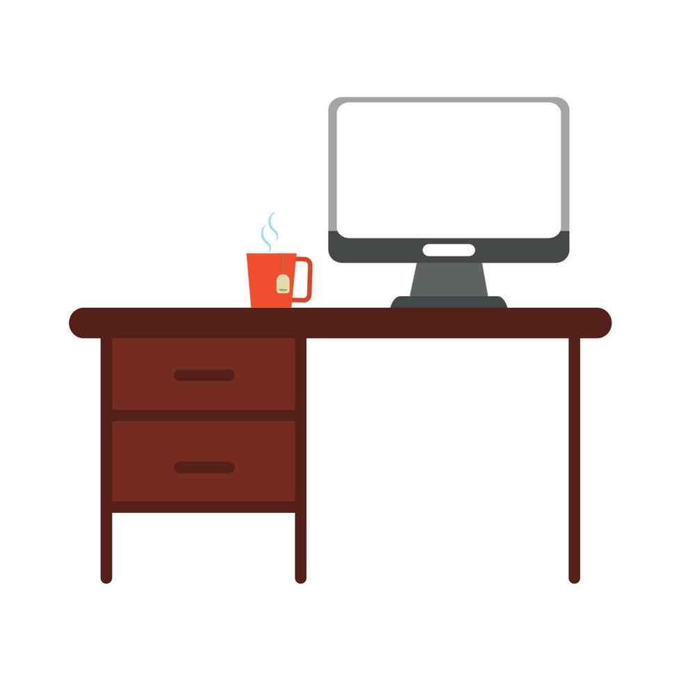 computador de mesa e xícara de café material de escritório papelaria trabalho ícone de estilo plano vetor