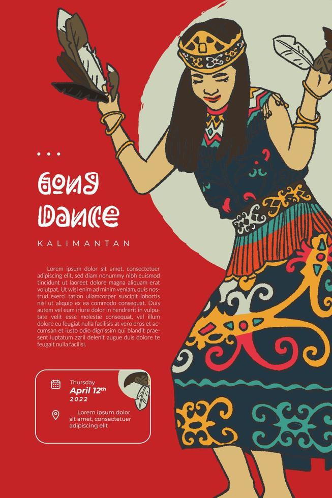 cartaz de dança de gongo kalimantanese para mídia social ou ilustração desenhada à mão de fundo vetor