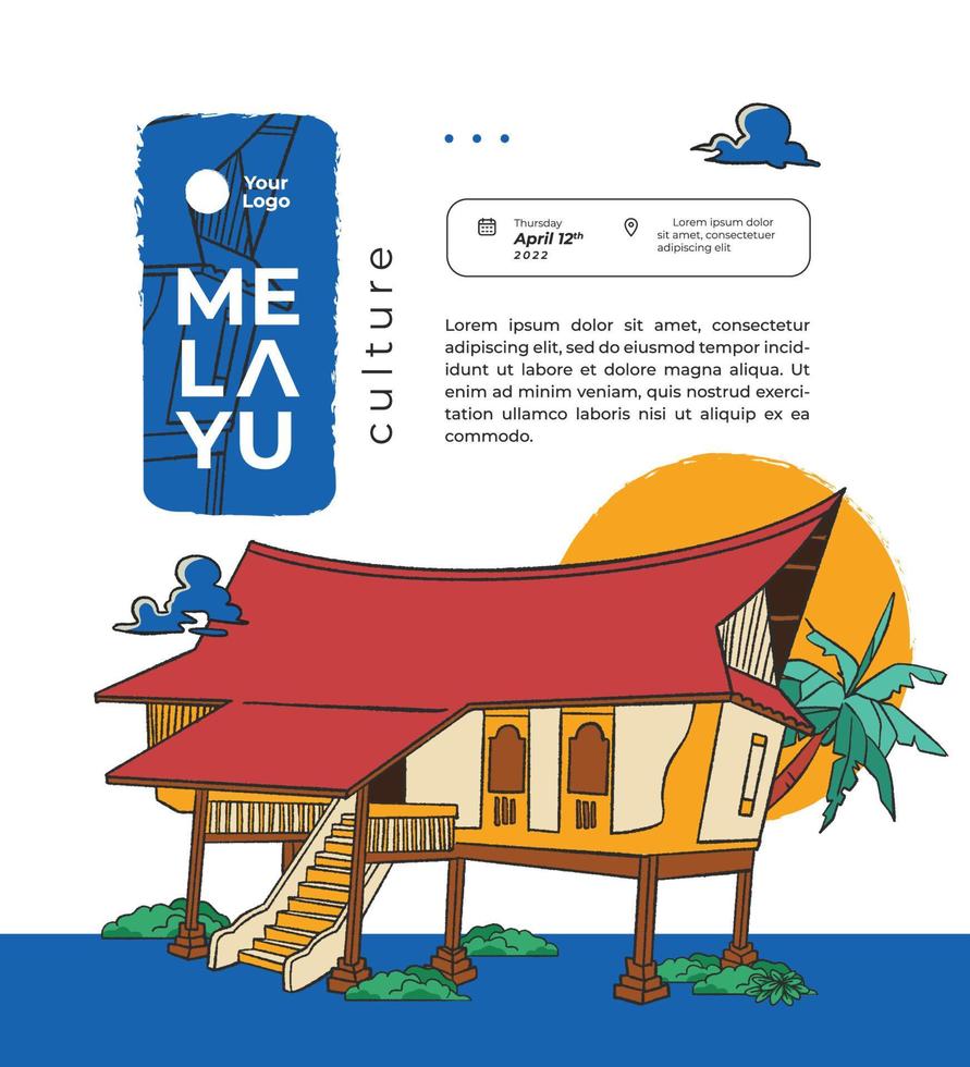 melayu casa tradicional cultura indonésia desenhada à mão para mídia social ou plano de fundo vetor