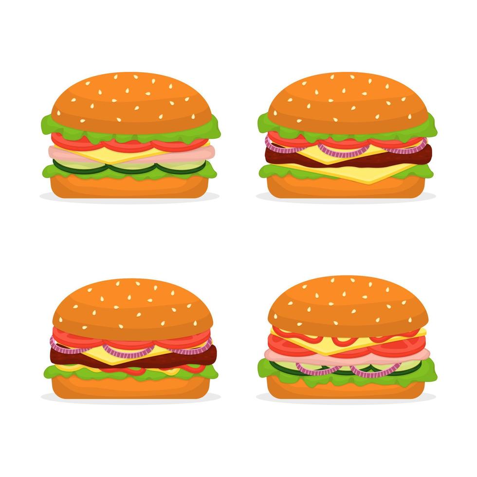 conjunto de ilustração de hambúrgueres com hambúrguer e presunto vetor