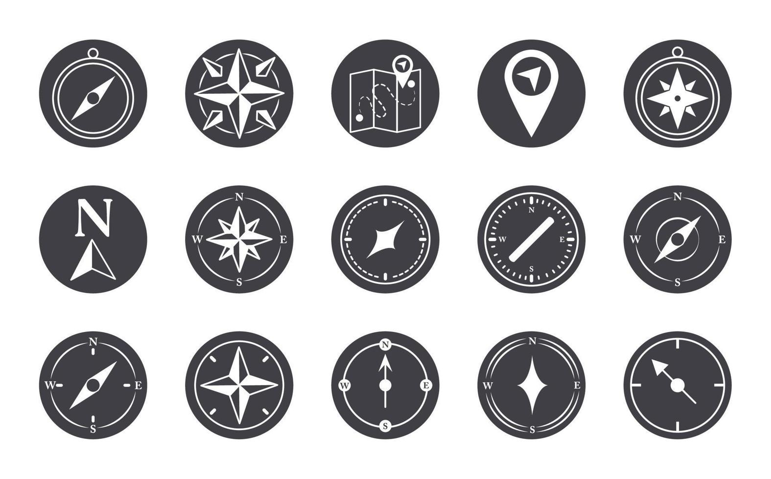 bússola rosa navegação cartografia viagens explorar equipamentos ícones definir ícone de design de silhueta vetor