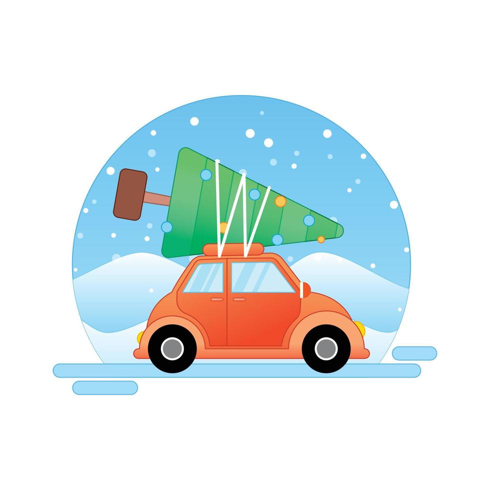 ilustração vetorial de natal com árvore de natal, carro e neve vetor