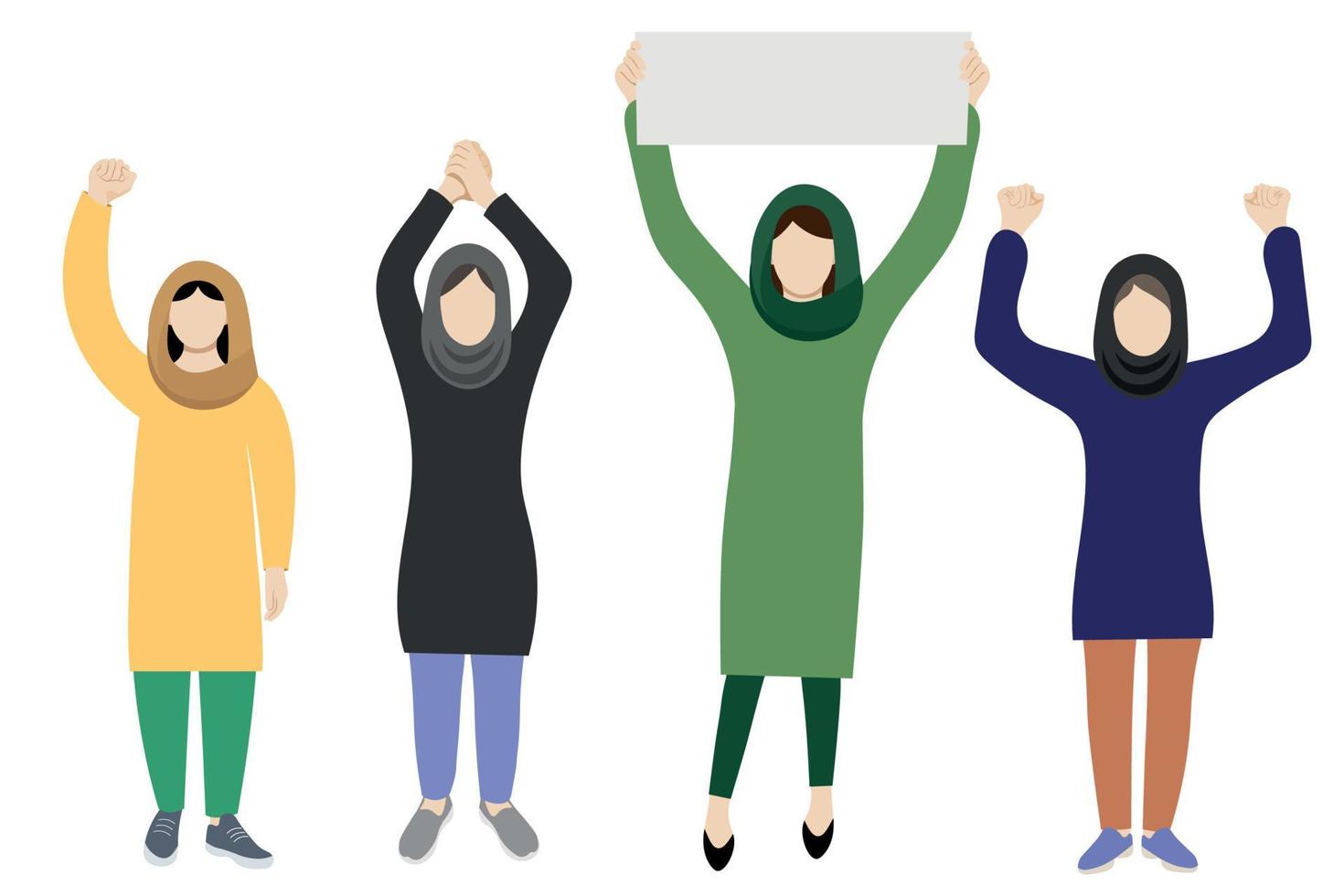 retratos de corpo inteiro de mulheres com lenços na cabeça com os braços levantados acima de suas cabeças, vetor plano, isolado no fundo branco, ilustração sem rosto, protestos iranianos, mulheres iranianas