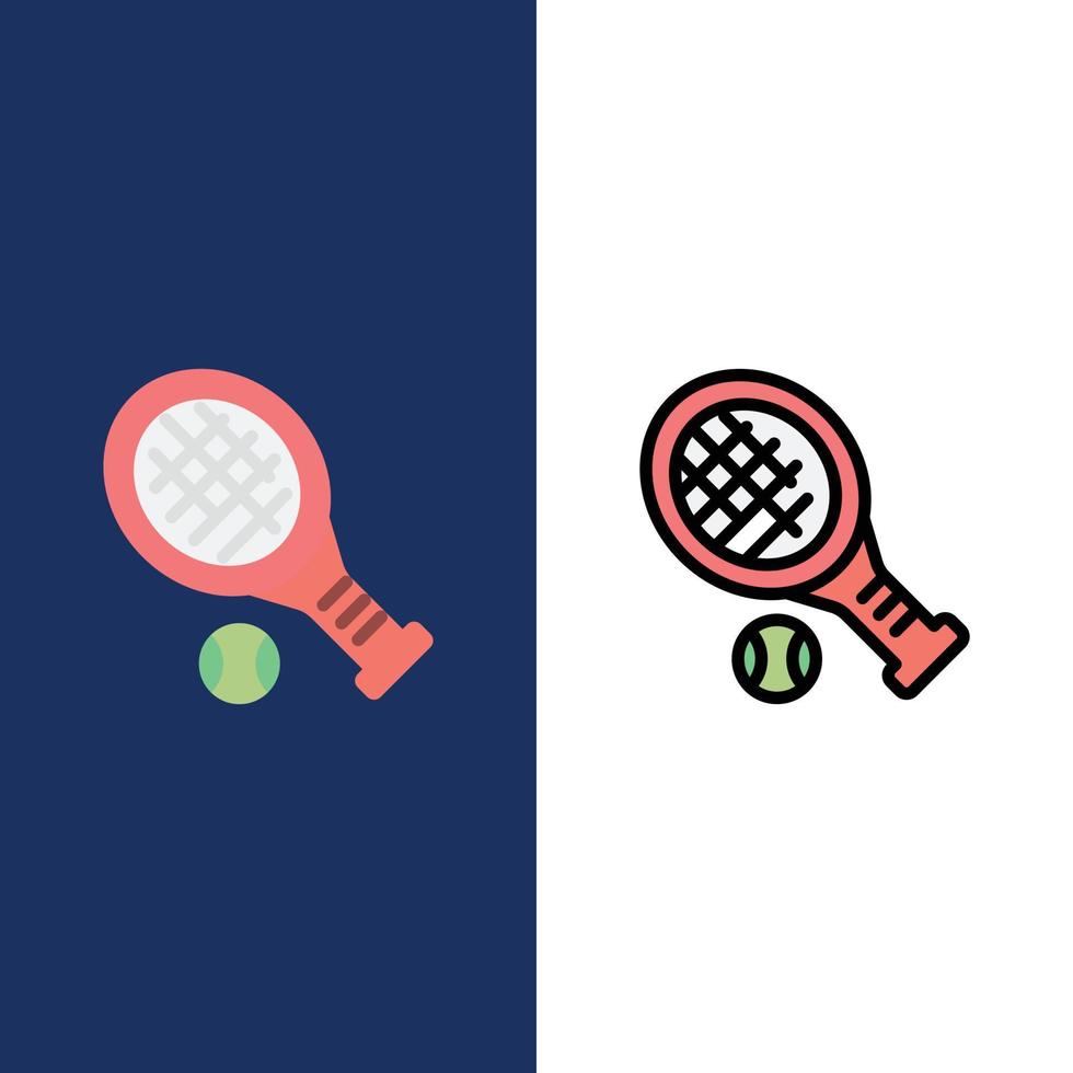 ícones de esporte de tênis de raquete de bola planas e cheias de linha conjunto de ícones vetoriais de fundo azul vetor