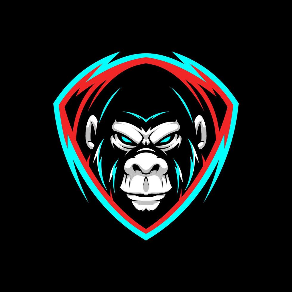 logotipo de emblema de esport de mascote de gorila irritado com cor de falha. ilustração da expressão facial do gorila. vetor