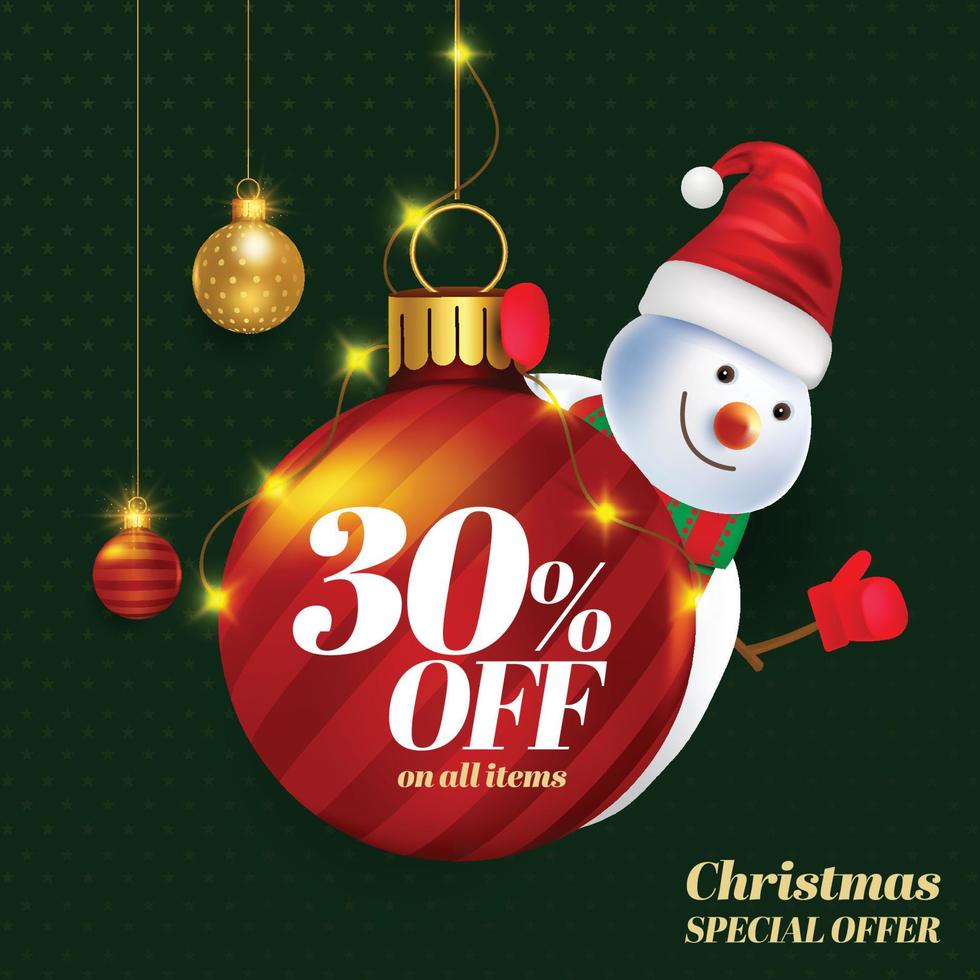 unidade de oferta de natal com enfeites decorativos e boneco de neve em uma oferta de promoção de chapéu de papai noel vetor