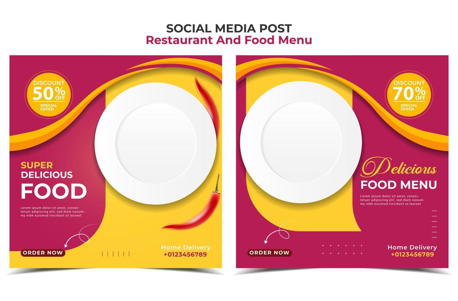 mídia social editável post restaurante e promoção digital culinária. vetor de forma de cor de fundo vermelho e amarelo.