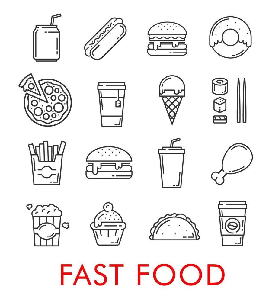 vetor ícones de linha fina de restaurante de fast food