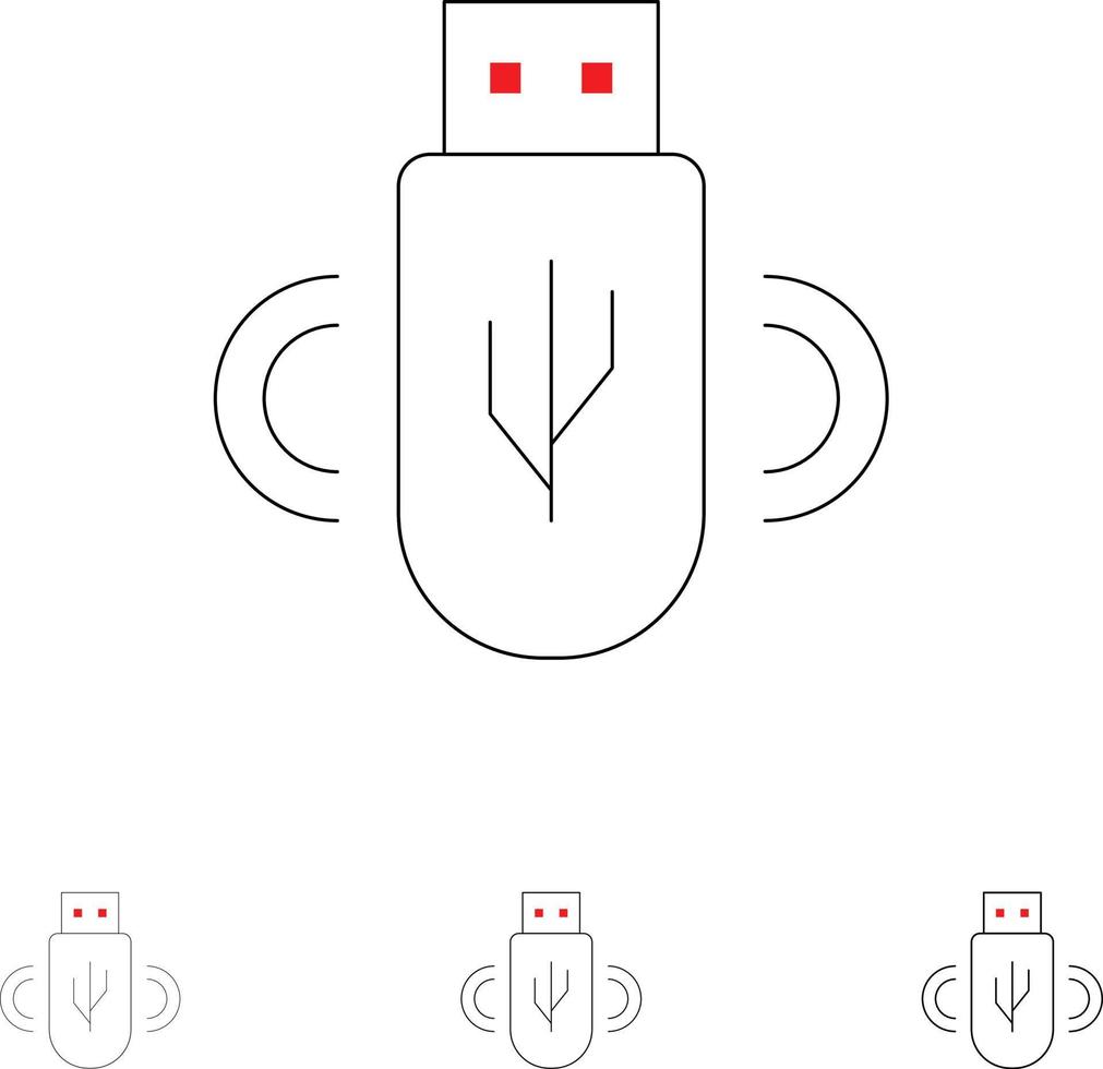conjunto de ícones de linha preta em negrito e fino de armazenamento de dados de compartilhamento usb vetor