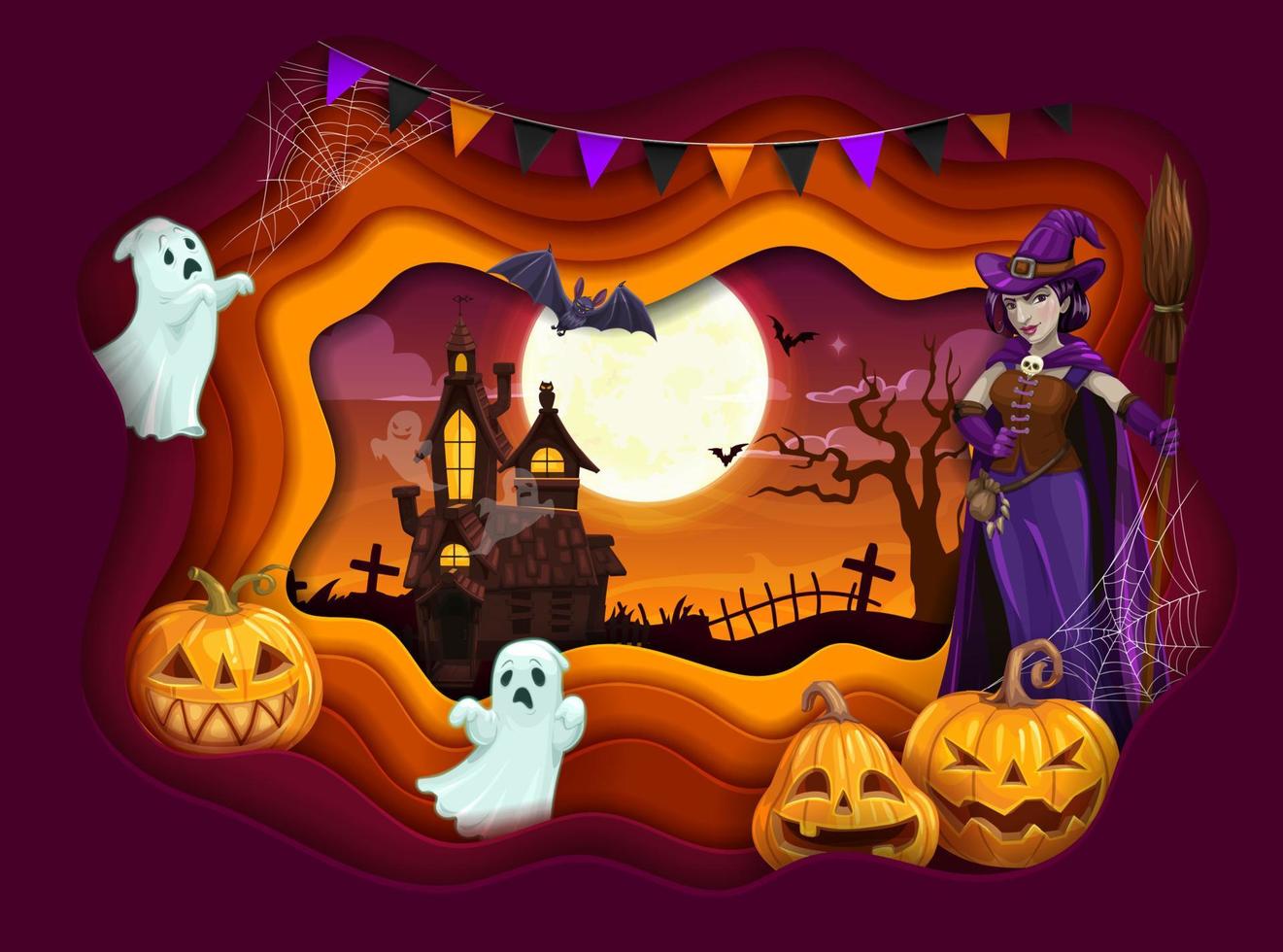 bruxa de desenho animado de corte de papel de halloween, abóbora, fantasmas vetor