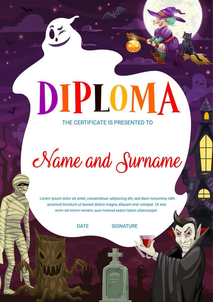 diploma infantil com personagens de desenhos animados de halloween vetor