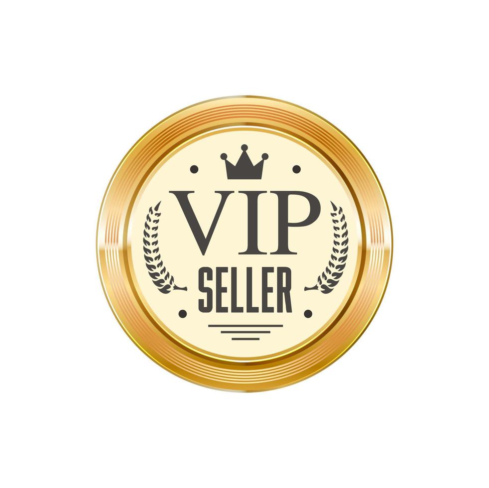 emblema dourado do vendedor vip, etiqueta redonda de metal brilhante vetor