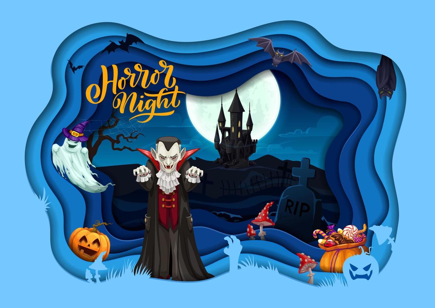 design de cartaz de corte de papel de vampiro de desenho de halloween vetor