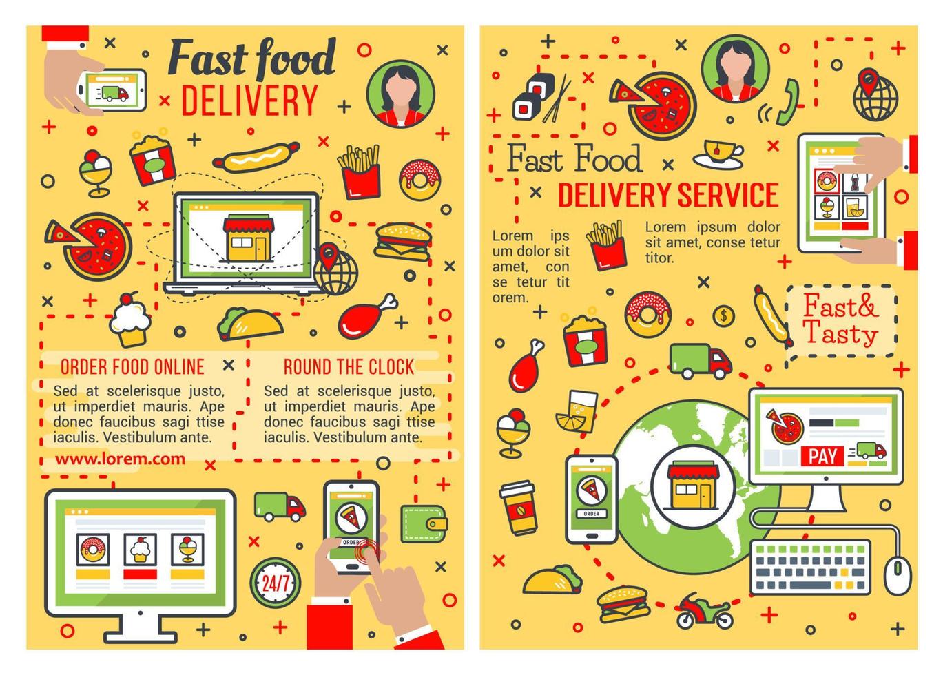 design de banner de linha fina de serviço de entrega de fast food vetor
