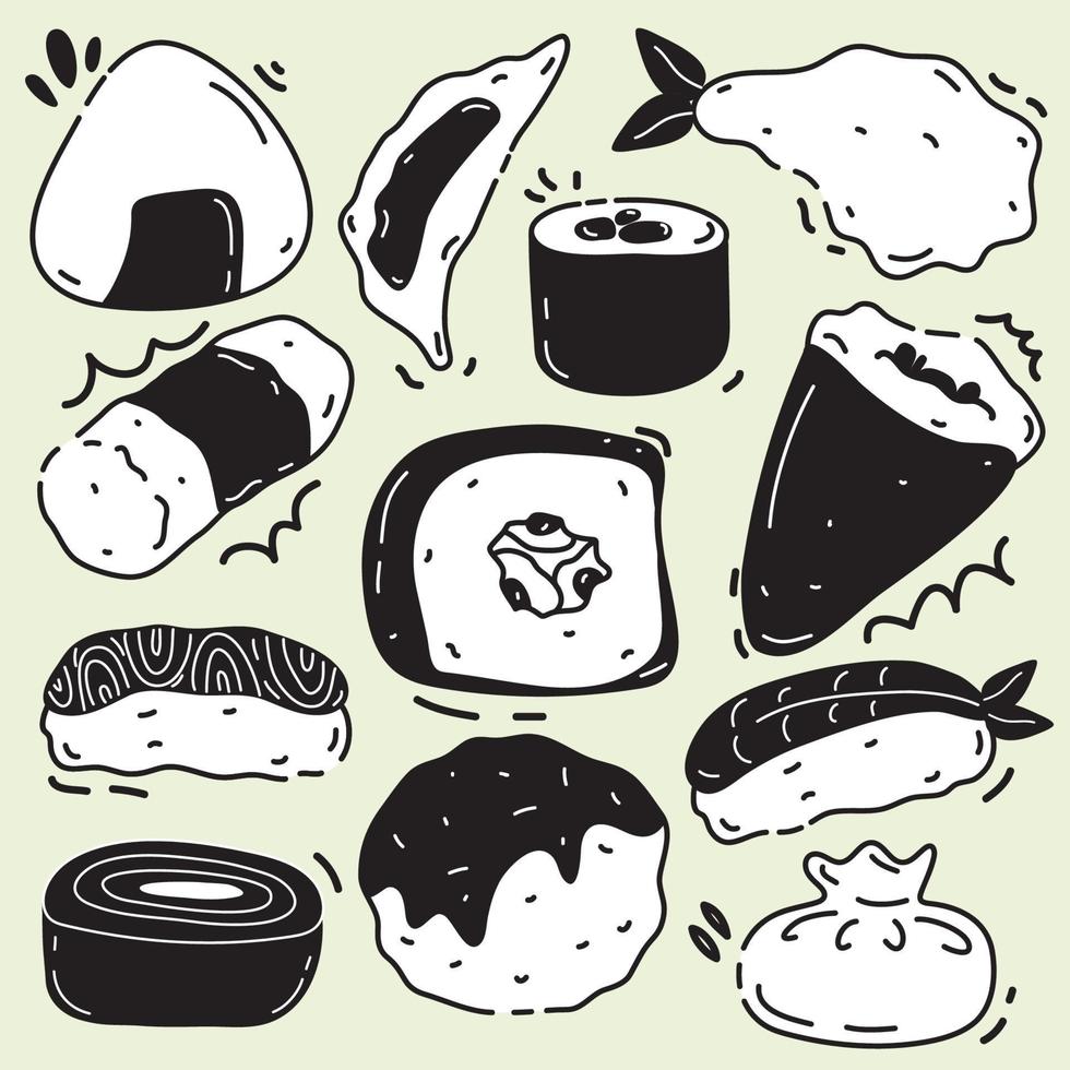 conjunto de ícones de ilustração vetorial sushi. desenhado à mão. fundo isolado. vetor