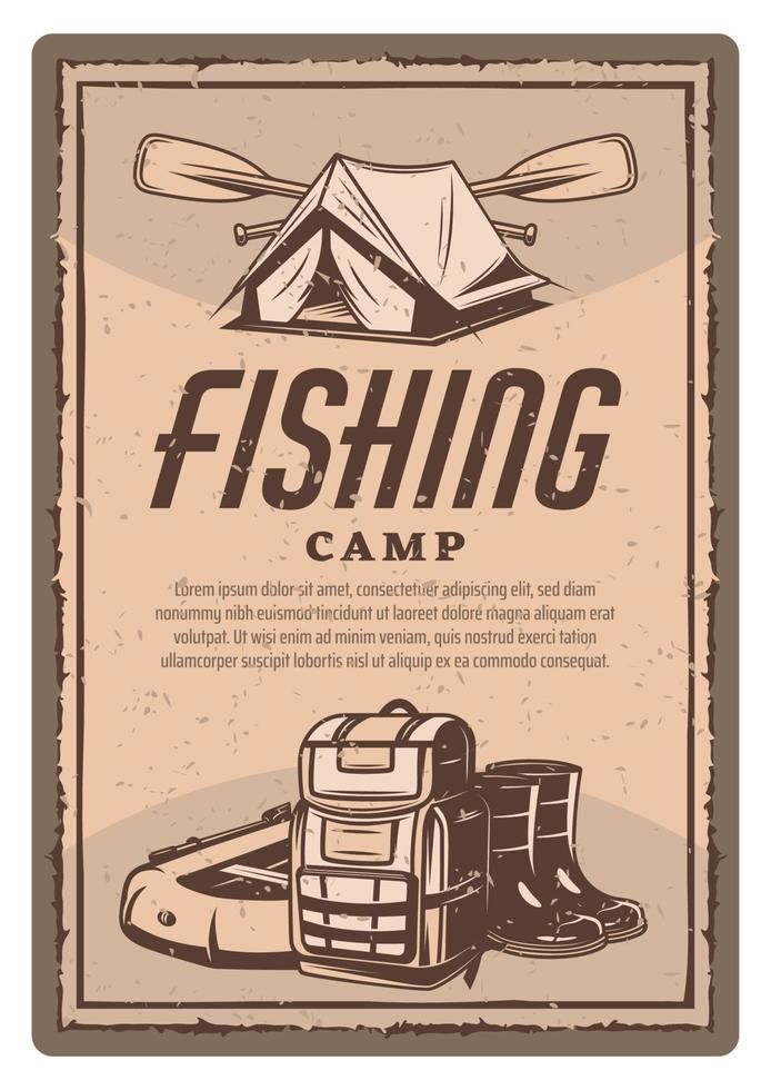 tenda de pesca de vetor, botas e cartaz vintage de barco vetor