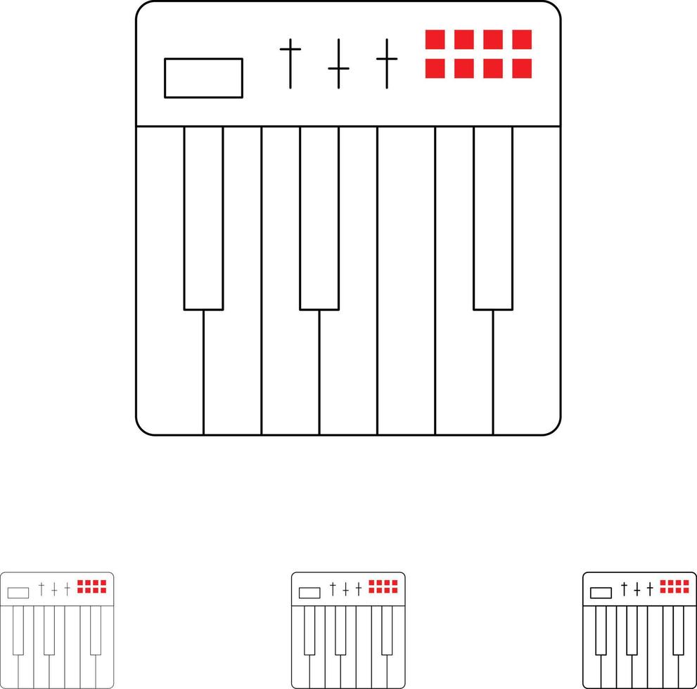 controlador hardware teclado midi música negrito e fino conjunto de ícones de linha preta vetor