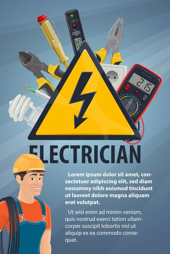 eletricista com equipamentos elétricos, banner de ferramentas vetor