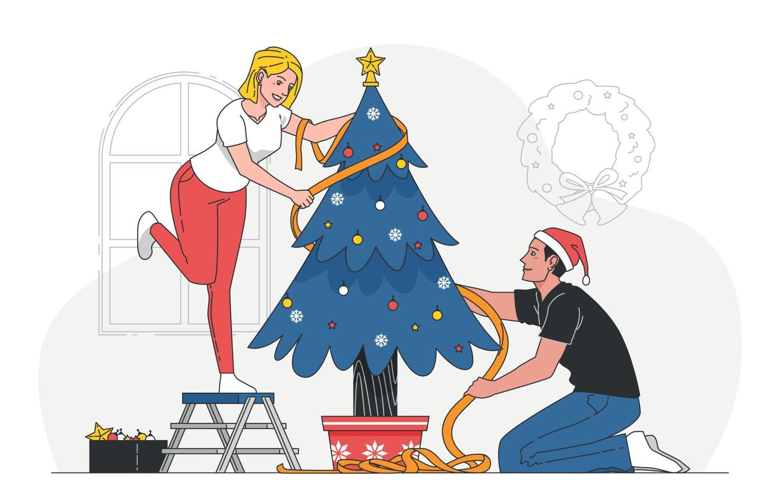 decorando a árvore de natal com amor vetor