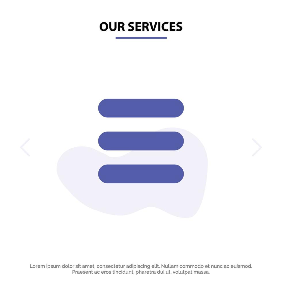 nosso modelo de cartão web de ícone de glifo sólido de texto de tarefa de lista de serviços vetor