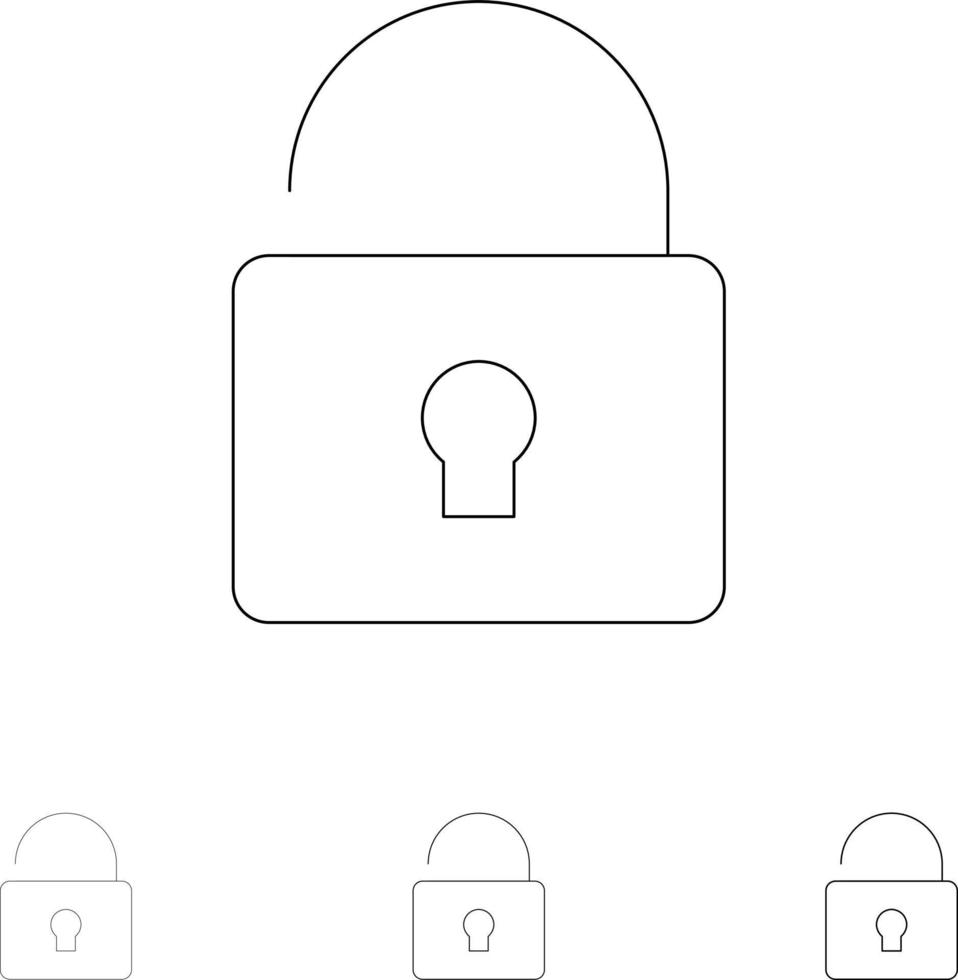 desbloquear bloqueio de segurança conjunto de ícones de linha preta em negrito e fino vetor