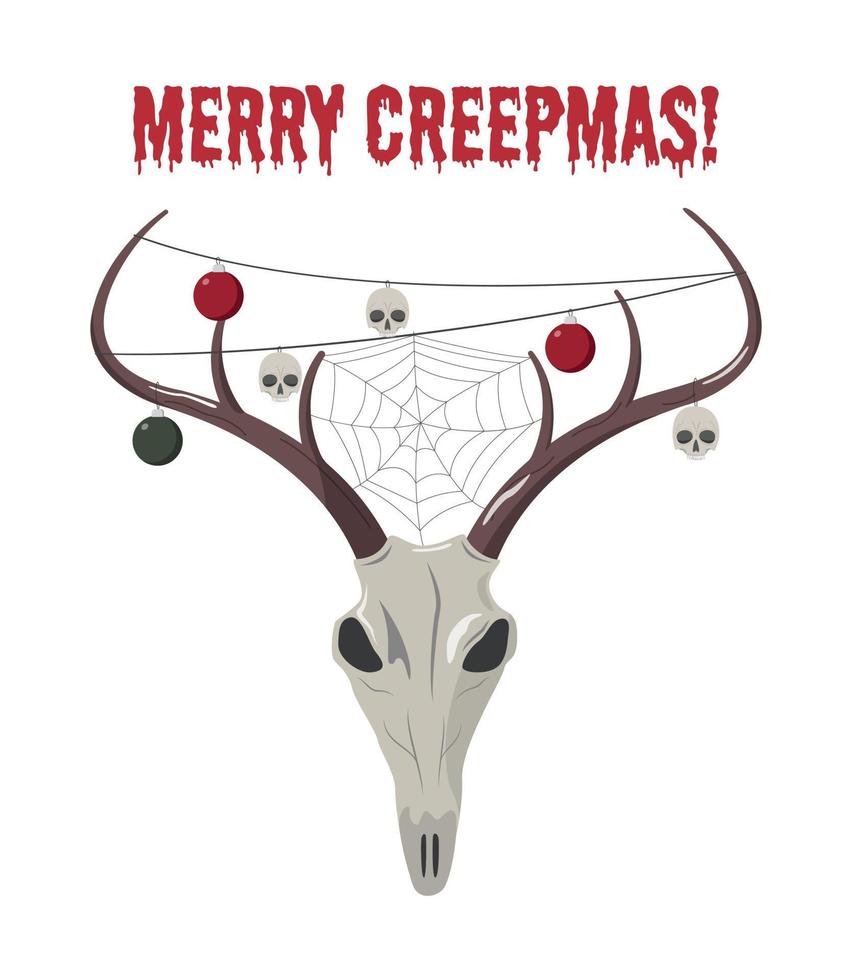 modelo de cartão de natal assustador. crânio de rena com guirlanda e teia de aranha. isolado no fundo branco. design de creepmas feliz. vetor