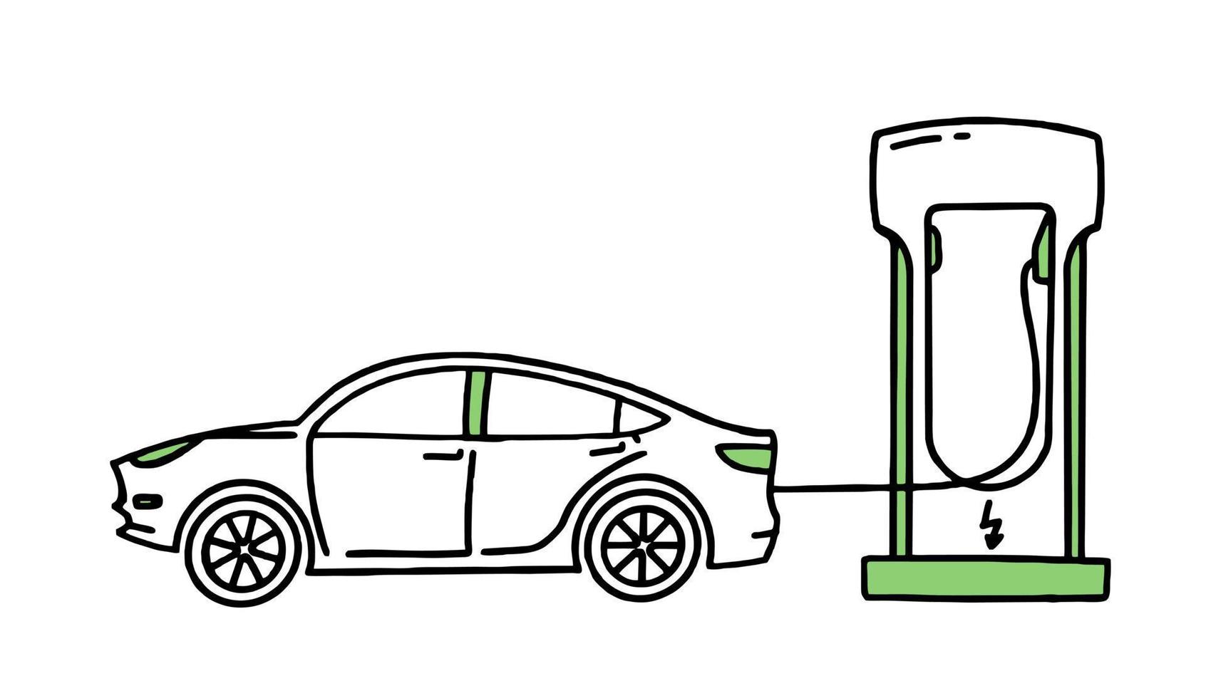 carro elétrico. reabastecimento elétrico. co2 conceito de mudança climática energia verde. doodle isolado de vetor