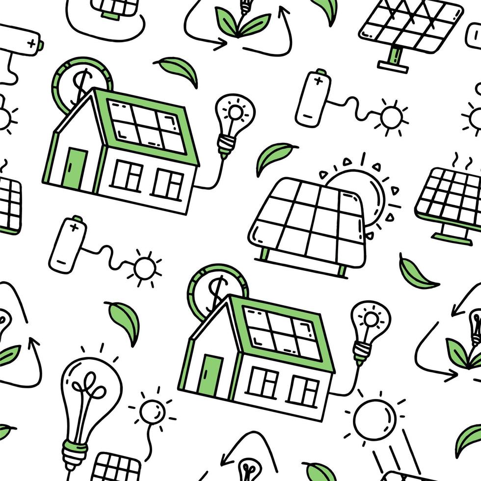 padrão sem emenda de painéis solares. energia verde. conceito de co2 de mudança climática. doodle isolado de vetor