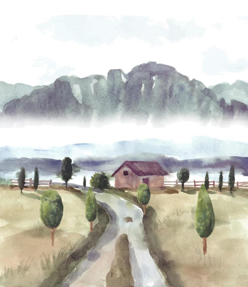 paisagem da natureza com aquarela de casa e estrada vetor