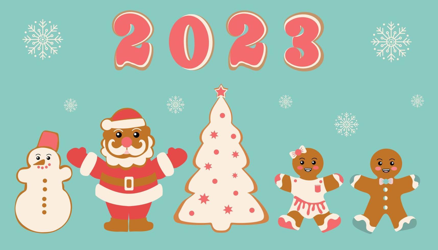biscoitos festivos em forma de boneco de neve, papai noel, árvore de natal e homens de gengibre. feliz natal decoração. ano novo e celebração de natal vetor