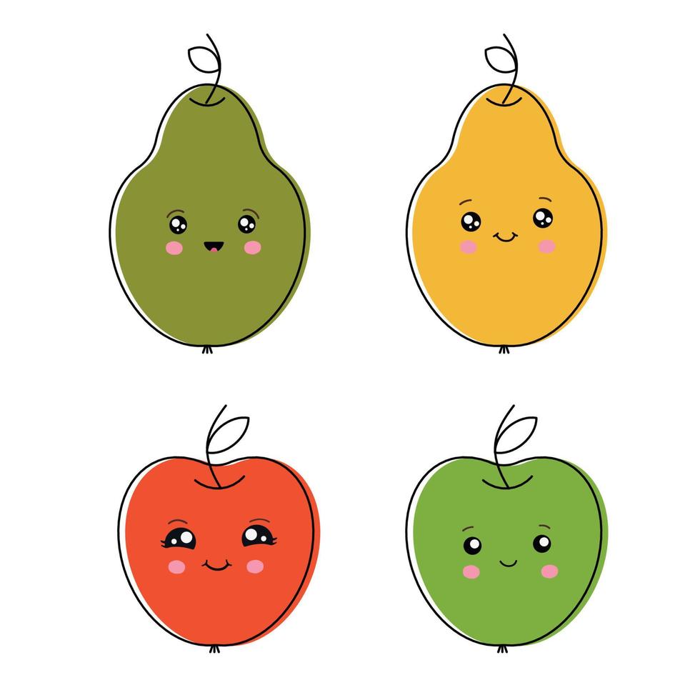 conjunto de emoticons em maçãs e peras coloridas. emoticons engraçados dos desenhos animados. ilustração vetorial isolada no fundo branco. vetor