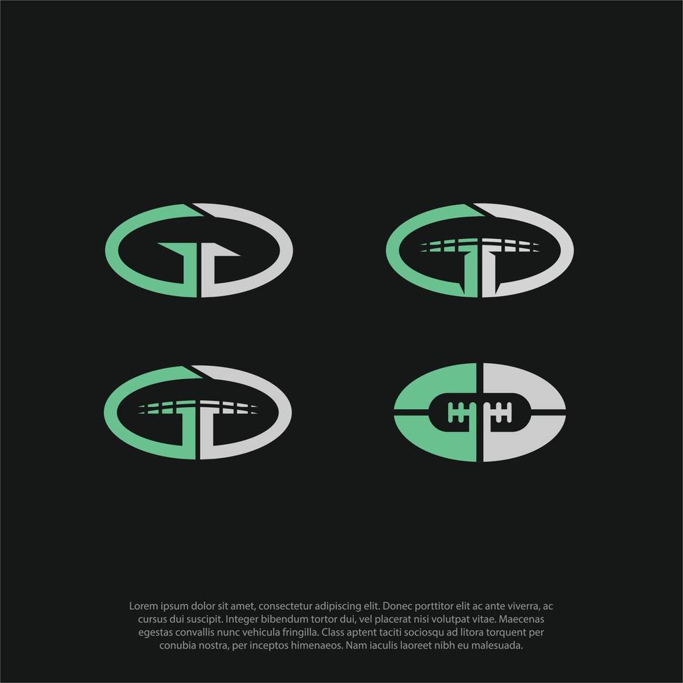 gg futebol, rugby, letras gg em forma de bola de futebol ou rugby, design de sinal de conjunto de logotipo vetor