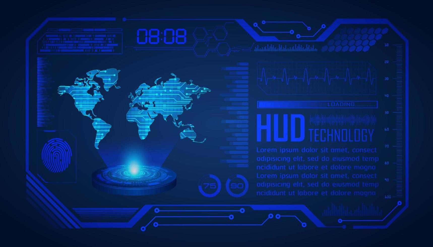 projetor holográfico de mapa do mundo moderno em fundo de tecnologia vetor