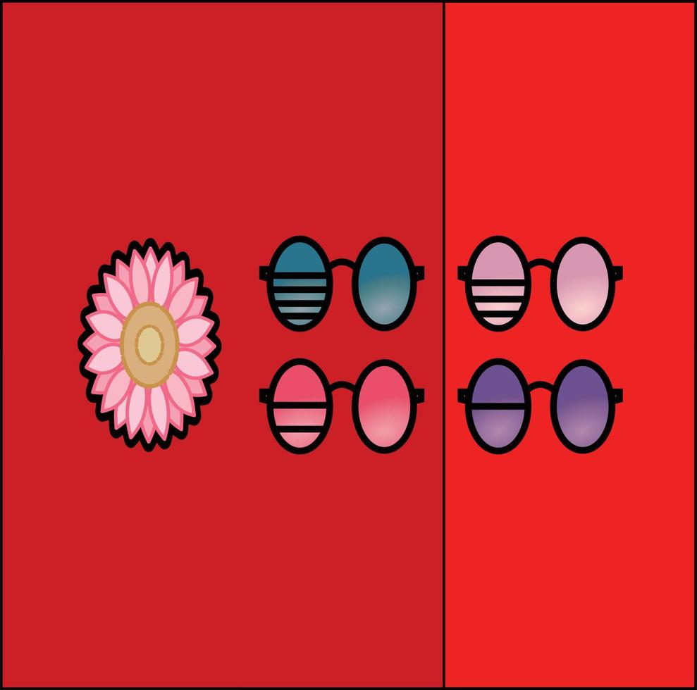 desenhos de óculos de sol feitos em um fundo vermelho com uma flor mindinho vetor