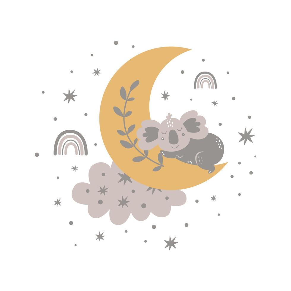 lindo bebê coala dormindo na lua. lua boho, bebê animal nuvem arco-íris, estrelas. berçário doce sonho dormindo cartaz animal escandinavo. cartão infantil desenhado à mão na cor cinza. ilustração vetorial. vetor