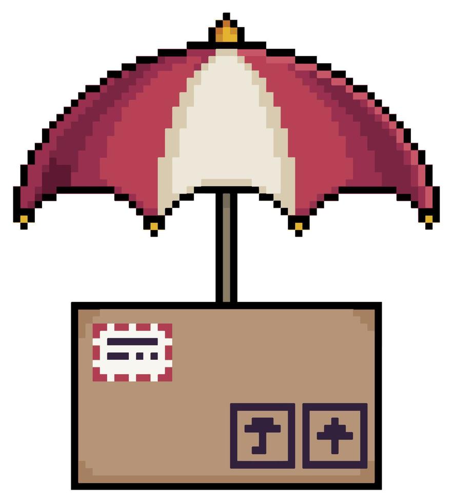 caixa de papelão pixel art com guarda-chuva, ícone de vetor protegido por pacote para jogo de 8 bits em fundo branco