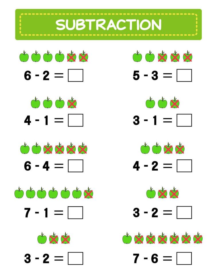 subtração. planilha de matemática para crianças. desenvolvendo habilidades de numeração. resolver exemplos e escrever. matemática. vector illustration.educational matemática jogo de crianças. subtração para crianças..