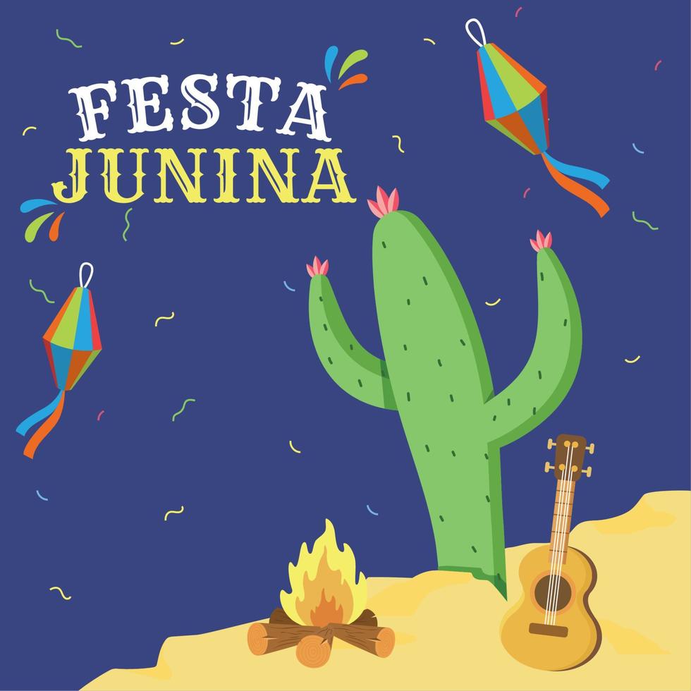 pôster colorido com cacto de fogueira e uma ilustração em vetor modelo festa junina de guitarra