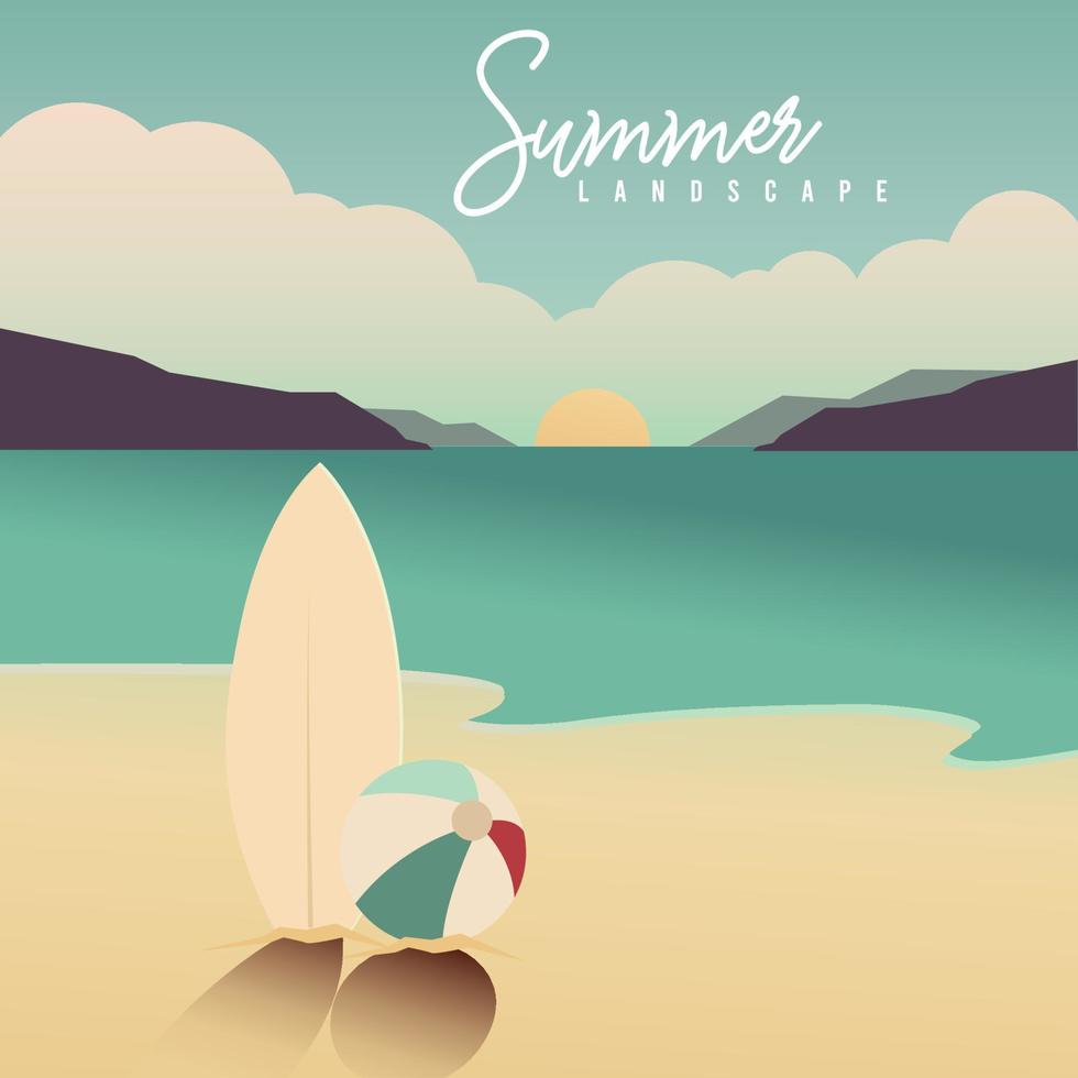 vista do cenário do pôr do sol colorido com uma ilustração vetorial de prancha de surf e bola de praia vetor