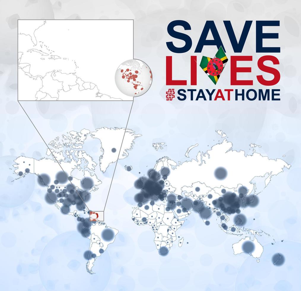 mapa-múndi com casos de coronavírus foco na dominica, doença covid-19 na dominica. slogan salvar vidas com bandeira da dominica. vetor