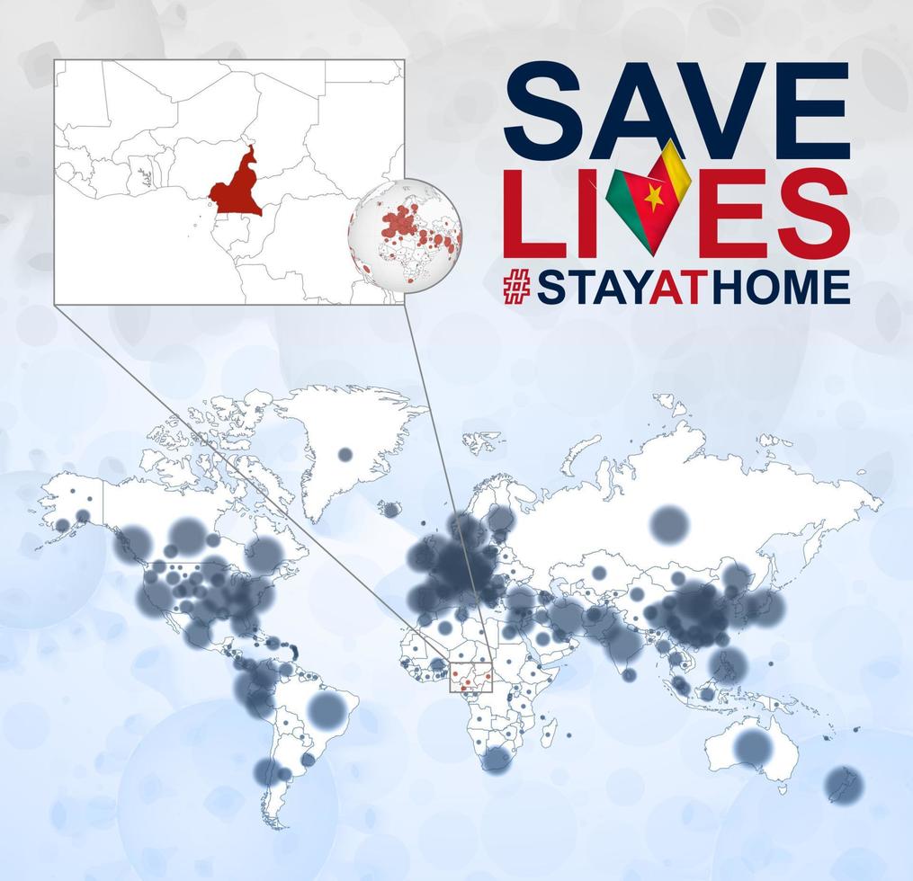 mapa-múndi com casos de coronavírus foco em camarões, doença covid-19 em camarões. slogan salvar vidas com bandeira de camarões. vetor