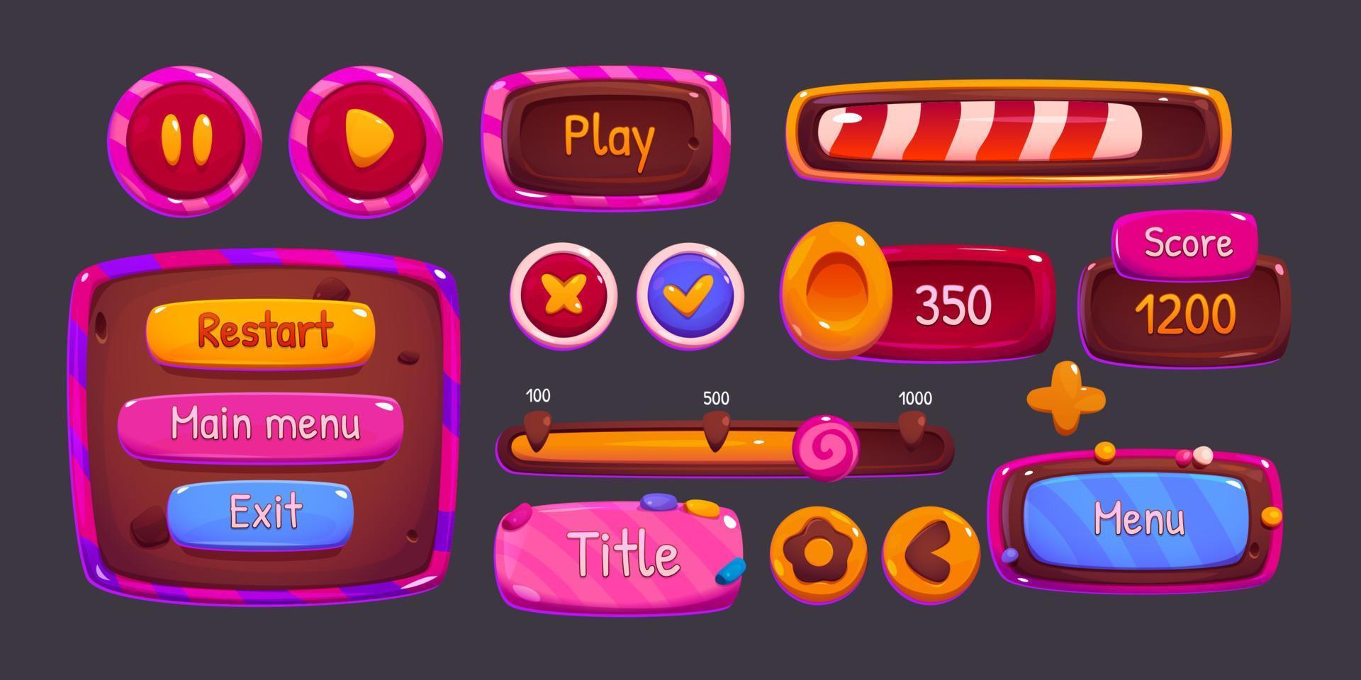 janelas de interface de menu de jogo de doces, opções de desenhos animados  13194587 Vetor no Vecteezy