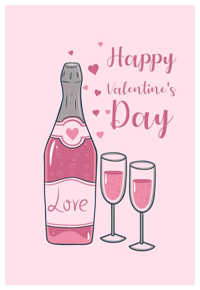 lindo cartão de dia dos namorados com champanhe e taças. gráficos vetoriais. vetor