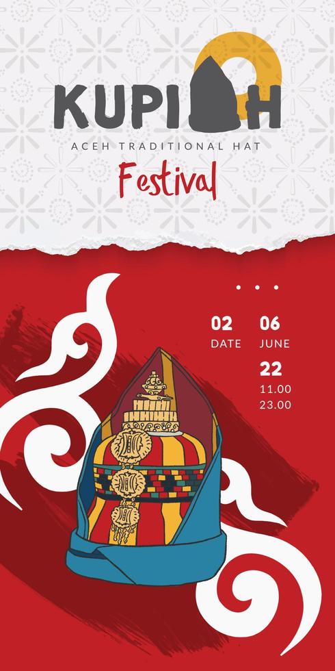 cultura indonésia ilustração desenhada à mão da inspiração de design do festival de chapéu tradicional kupiah acehnese vetor