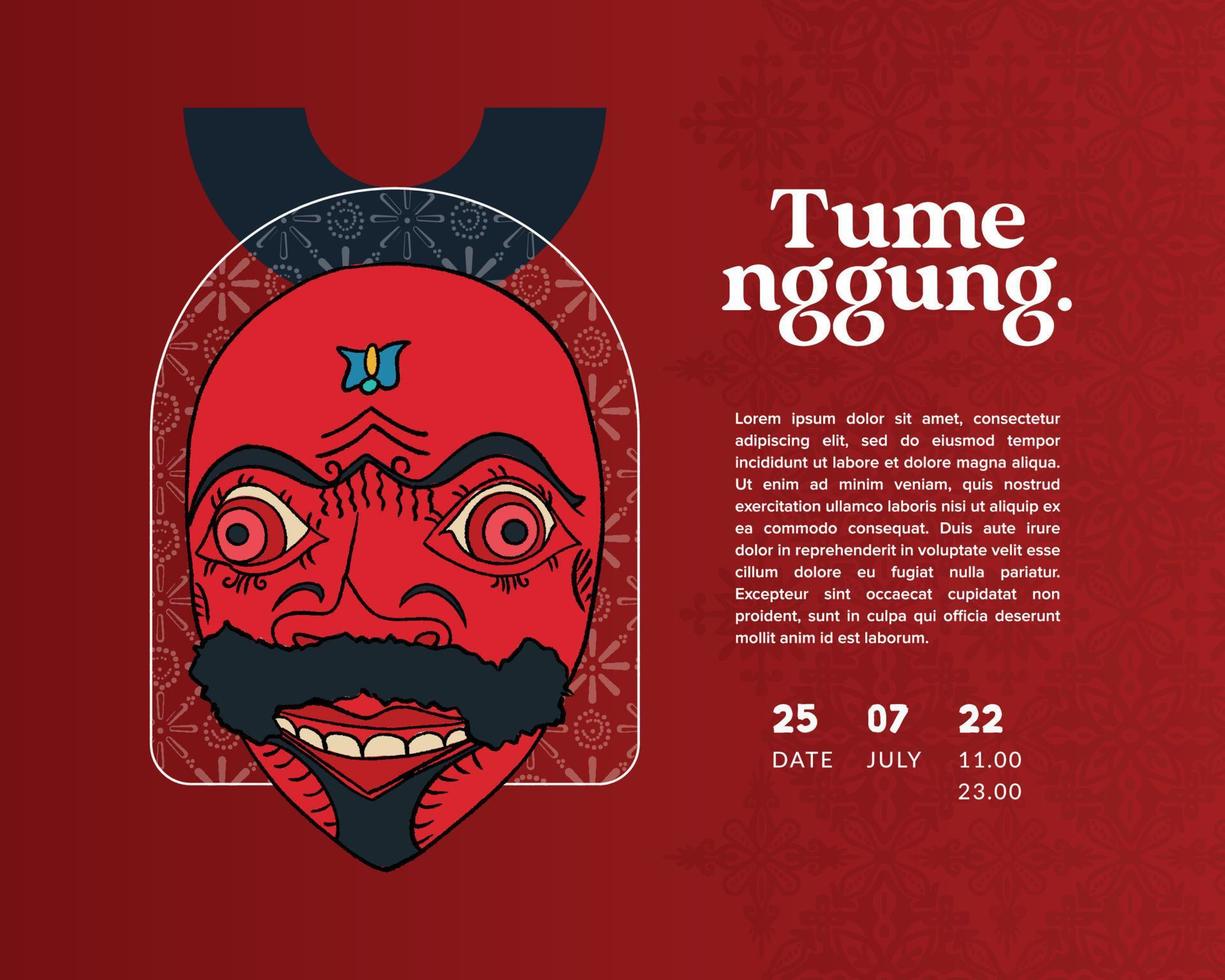 máscara tumenggung para dança tradicional na ilustração desenhada à mão da indonésia sudanesa vetor