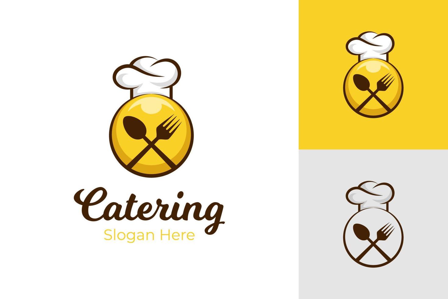 design de elementos de símbolo de vetor de estilo de emblema de comida deliciosa de restaurante com conceito de ícone de chef, garfo e colher para catering, design de logotipo culinário de comida
