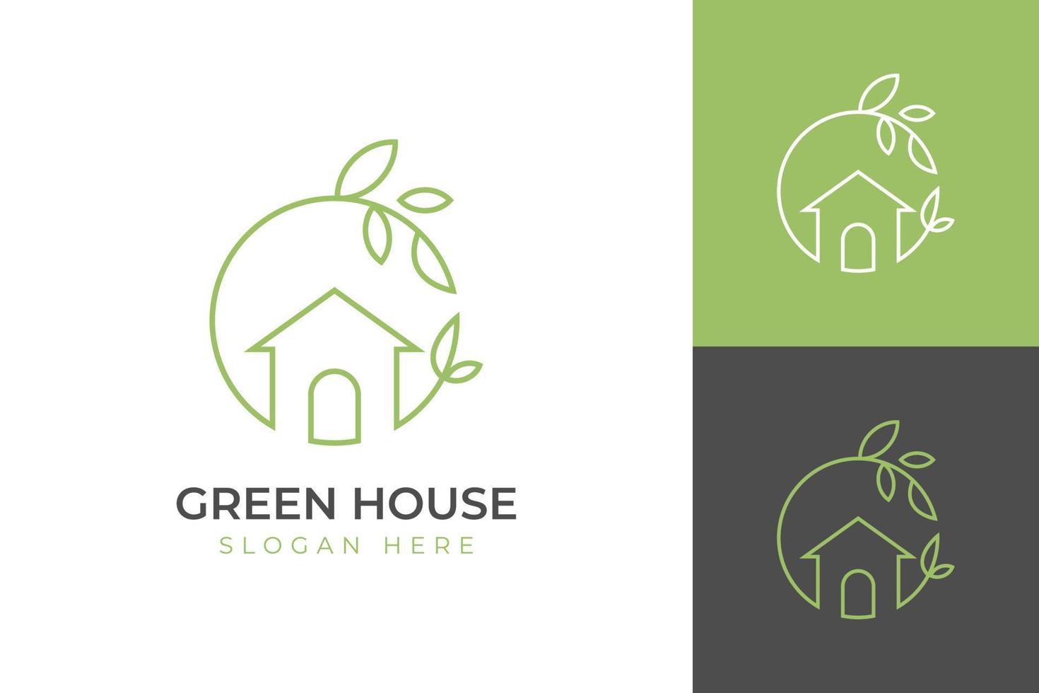 design de logotipo de casa verde natureza design de ícone de símbolo de vetor de estilo de arte de linha com conceito de casa de círculo de folha, design de logotipo de casa ecologicamente correto