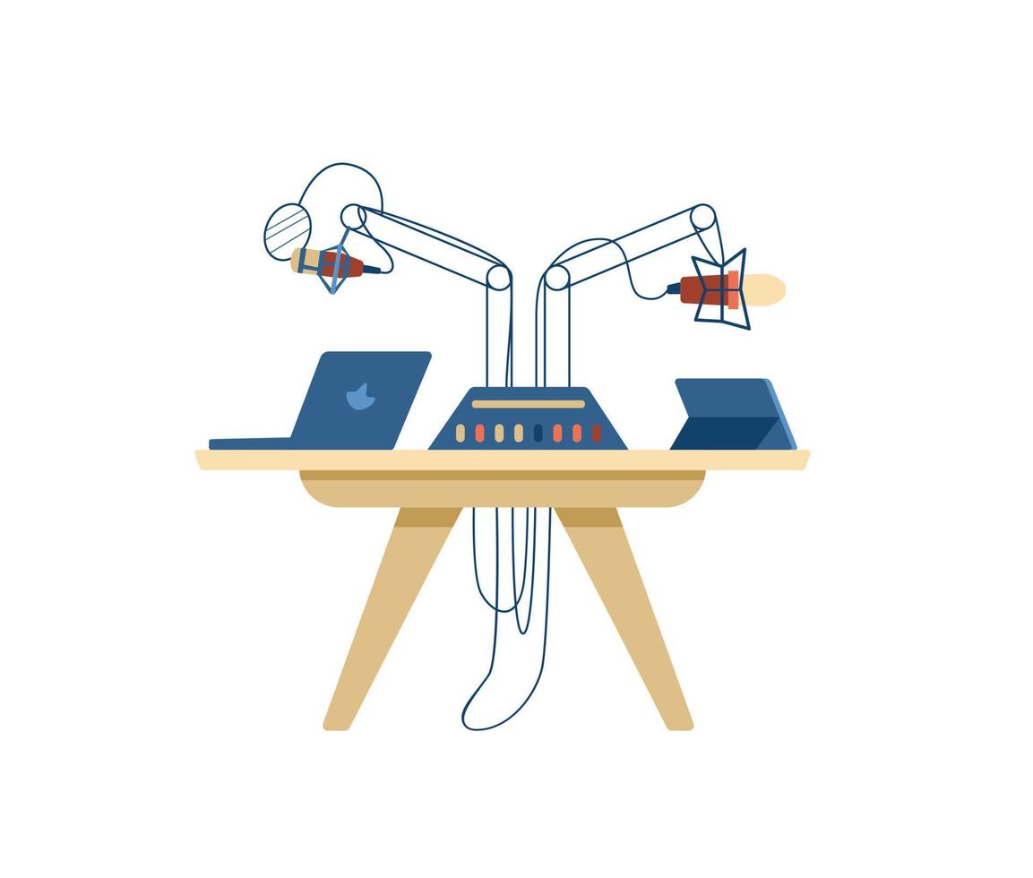 mesa de estúdio de gravação com laptop, microfones e painel de controle. ilustração vetorial plana. isolado no branco. vetor