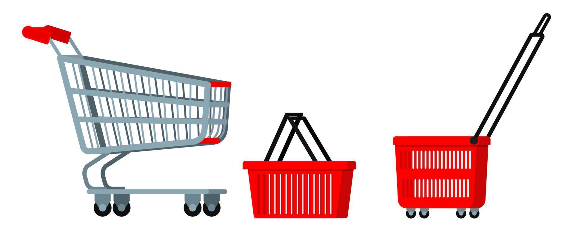 carrinho de carrinho de metal cromado de supermercado vazio com rodas, conjunto de ícones de cesta de compras plasyic vermelho vetor